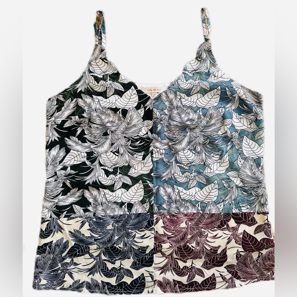 Skies Are Blue Split-Panel Leaf Print Camisole in Black, Teal & Burgundy